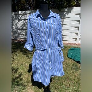 Draper James Helen Jon Blue and White Stripped Shirt Dress with Tie
